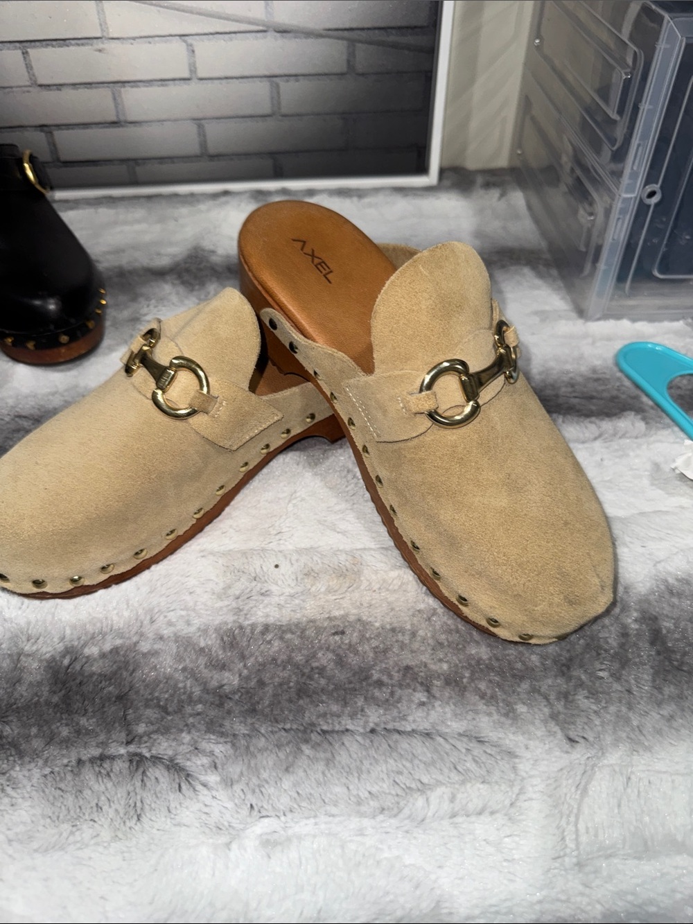 AXEL Beige Suede Horsebit Clogs | Wooden Sole Slip-On Mules Worn a few times.